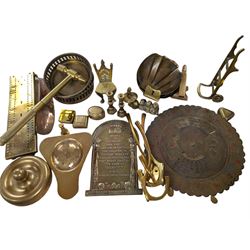 Brass 100 year calendar 1984-2083, brass cribbage board, multi function hammer and other brass miniatures and novelties