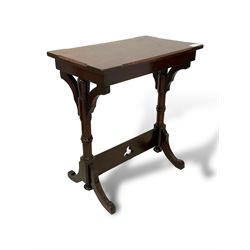 Late Victorian walnut ecclesiastical side table, rectangular top with stop chamfered edge, on turned supports united by rectangular stretcher pierced with trefoil, on splayed feet 