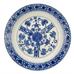 Chinese porcelain dish, Kangxi period, decorated with three shou characters divided by flowers, ribbon tied cash and swastikas, the border with flowerheads in roudels, six character Chenghua mark beneath, D16.5cm 