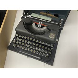 Imperial Model T typewriter in case, two riding helmets, collection of silver plate and a folding wall mirror in wooden frame, etc