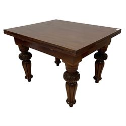 Victorian mahogany draw-leaf extending dining table, rectangular top with two additional leaves, on turned foliage carved and lobe moulded supports