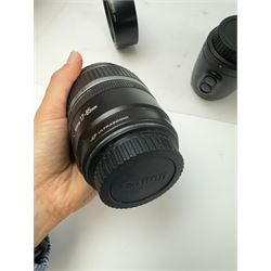 Six Canon camera lenses, to include EF 22-55mm 1;4-5.6 USM zoom lens serial no. 1507261, EF 35-105mm 1:3.5-4.5 zoom lens serial no. 1266383, EF-S 17-85mm 1:4-5.6 IS USM lens serial no. 8342906762, EF-S 18-55mm 1:3-5.6 IS zoom lens serial no. 6962045620, EF 35-80mm 1:4-5.6 power zoom lens serial no. 1903013B and AC 75-200mm 1:4.5 zoom lens serial no. 29445