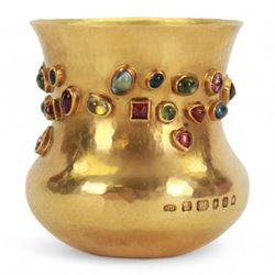 Small modern 22ct gold vase, the body waisted bellied form with planished finish, set with...