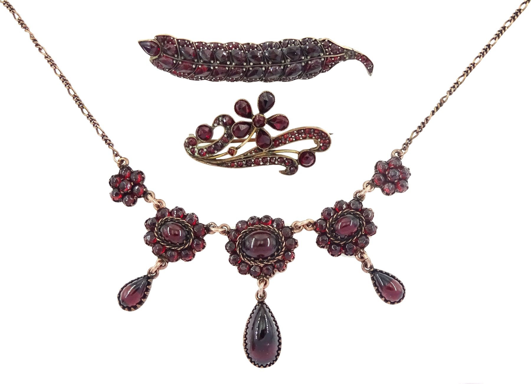 Victorian and later rose gold-plated garnet pendant necklace, leaf brooch and flower brooch 