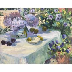 Iris Collett (British 1938-): Summer Table, oil on board unsigned 40cm x 50cm