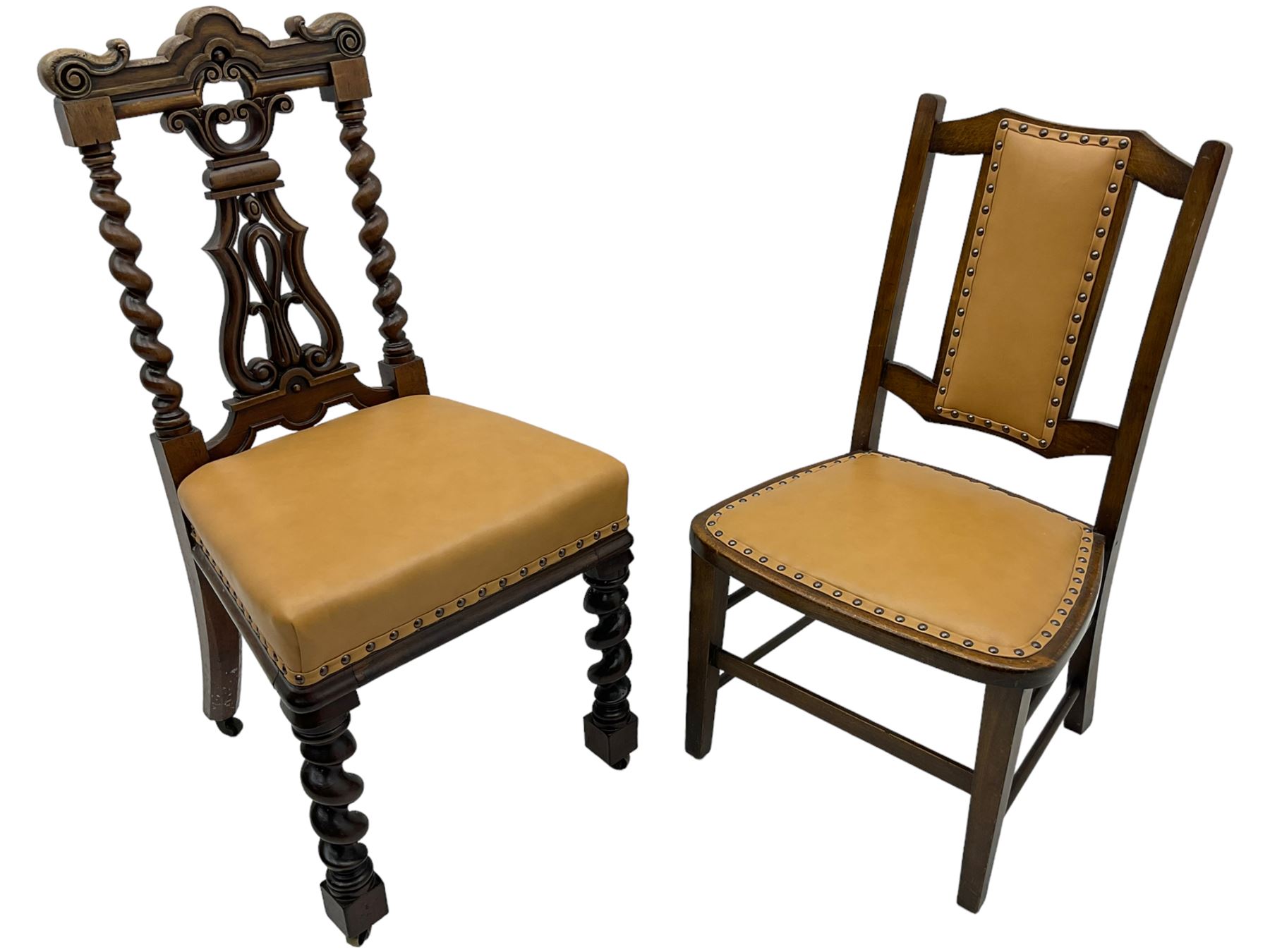 Early 19th century mahogany side chair, the shaped cresting rail with scroll carved ears over shaped and pierced splat with scrolling decoration, enclosed by spiral turned supports, leather upholstered seat, on spiral turned front supports (W45cm); 20th century stained beech framed chair (2)