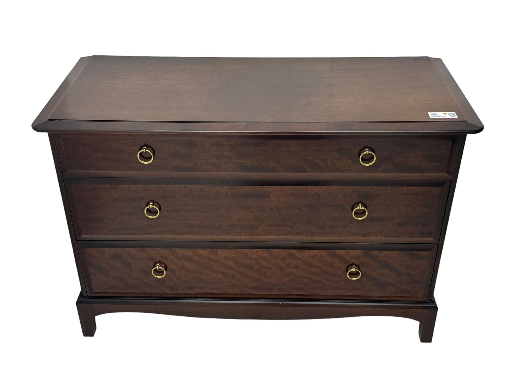 Stag Minstrel - mahogany chest of drawers, rectangular top over three drawers with brass ring pulls, on bracket feet