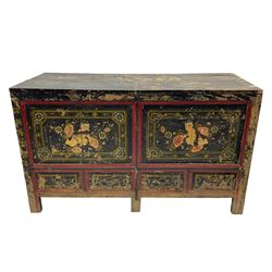 19th century Chinese Qing dynasty painted elm cupboard, Shanxi province, two double cupboards enclosed by doors painted with figure and flower heads, fitted with four small drawer, on stile supports 