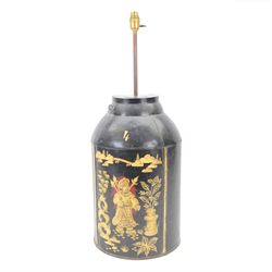 Early 20th century Japanned tole tea cannister lamp, of cylindrical form with tapering top...