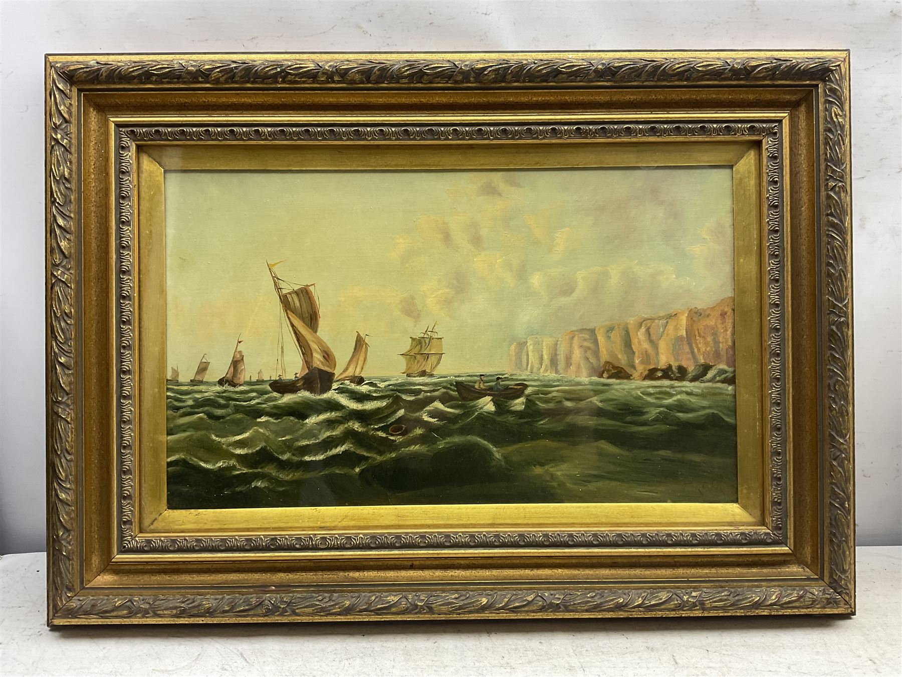 English School (Late 19th Century): Sailing Vessels off the Coast, oil on canvas signed with initials LN and dated 1895, 29cm x 49cm