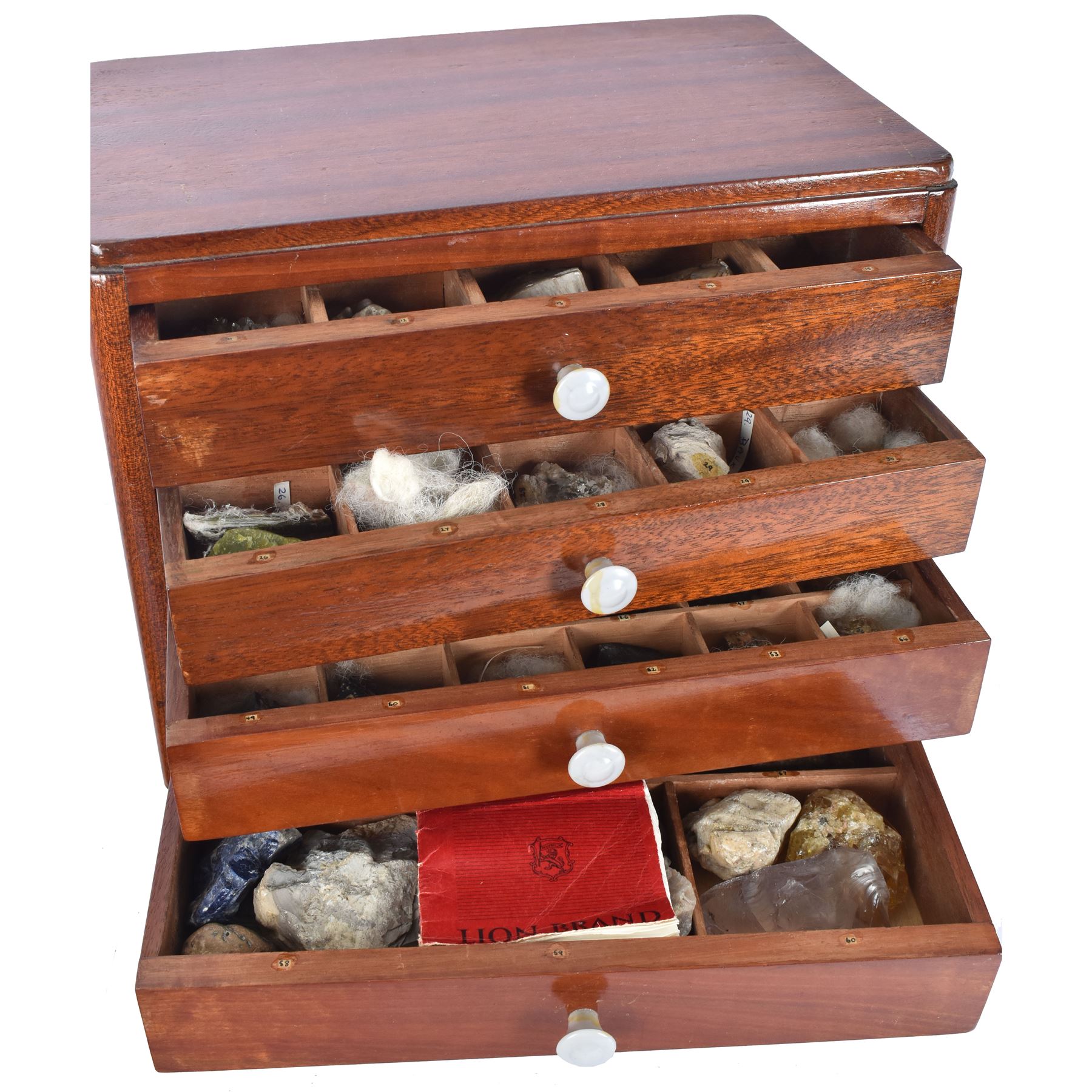 Specimen rock and mineral collector's chest, four draws containing an extensive collection of specimens, including malachite, azurite, kidney ore, whitby jet, blue john, dinarzarite etc, chest H29cm