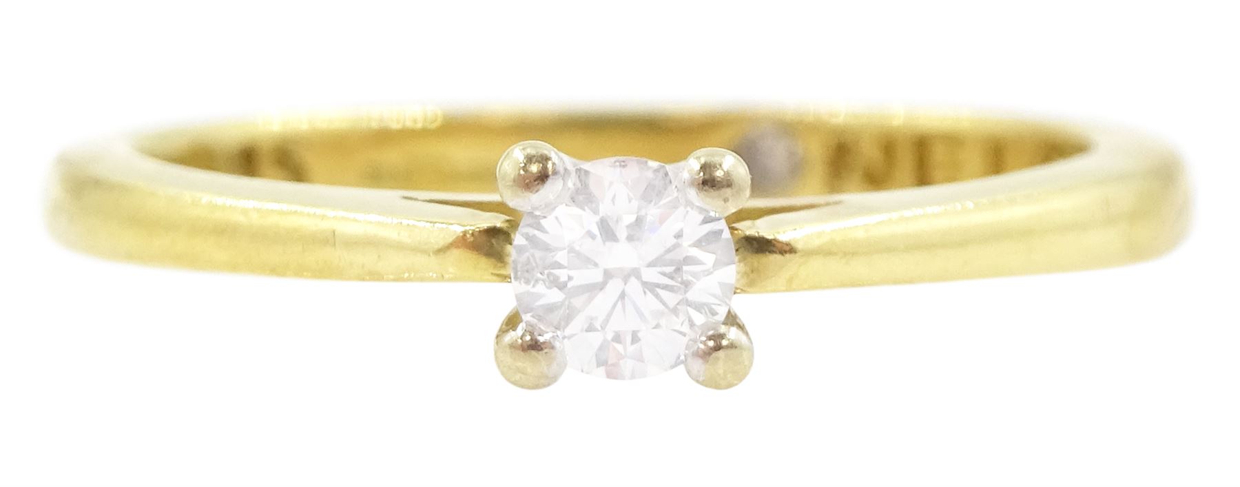 18ct gold single stone round brilliant cut diamond ring, the inside shank set with a single round brilliant cut diamond, hallmarked, diamond 0.15 carat