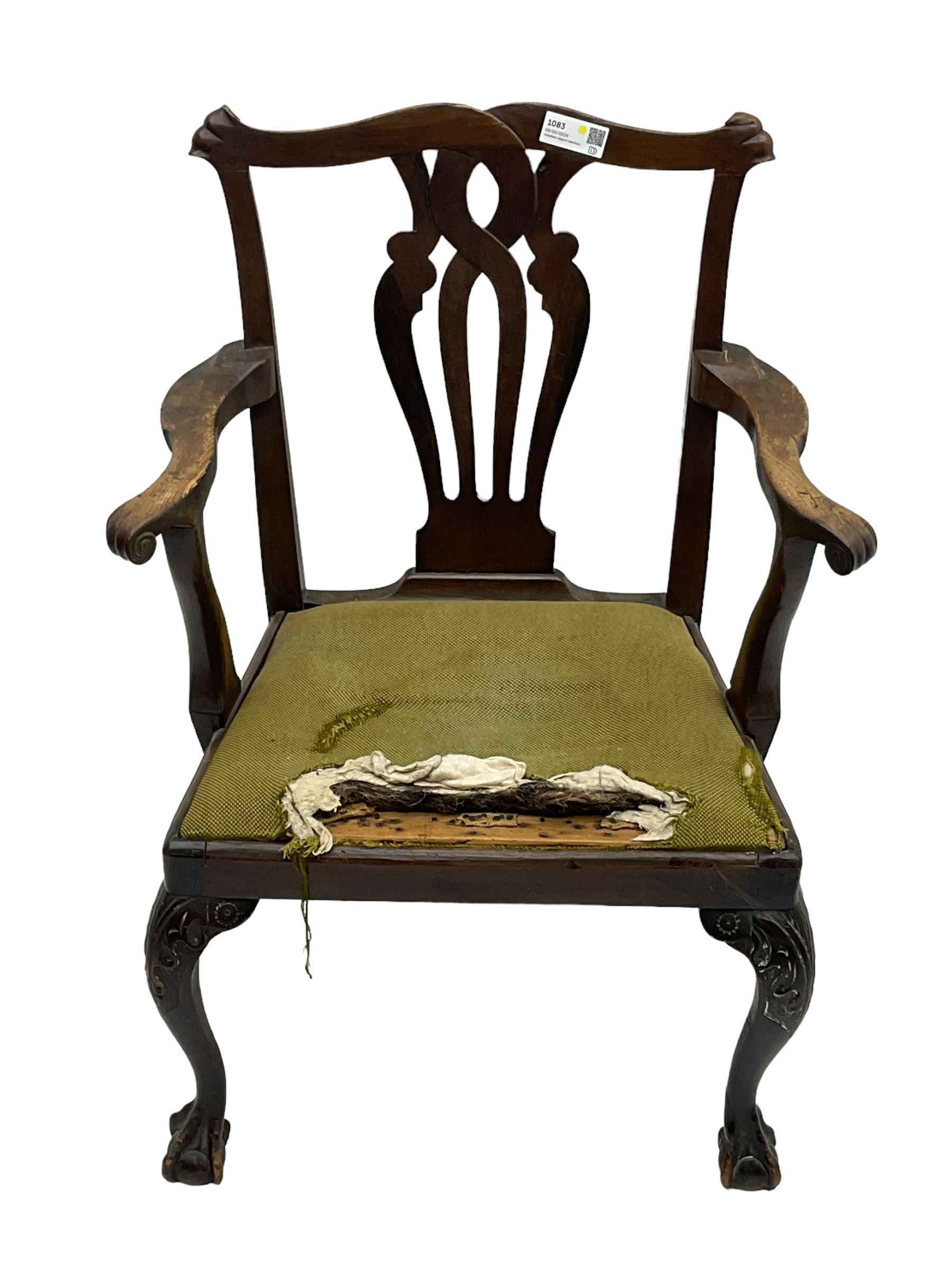 George III  elm and walnut elbow chair, shaped cresting rail over pierced and interlaced splat back, upholstered drop-in seat, on acanthus carved cabriole supports with ball and claw feet 