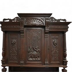 19th century Belgian buffet side cabinet, carved inn scene with figures, fitted with three cupboards, two drawers and two base cupboards