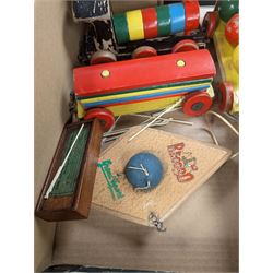 Chad Valley toys and games, including Give A Show projector and a wooden tool bench, together with other wooden toys, Lone Star Trail Boss cap gun and board games