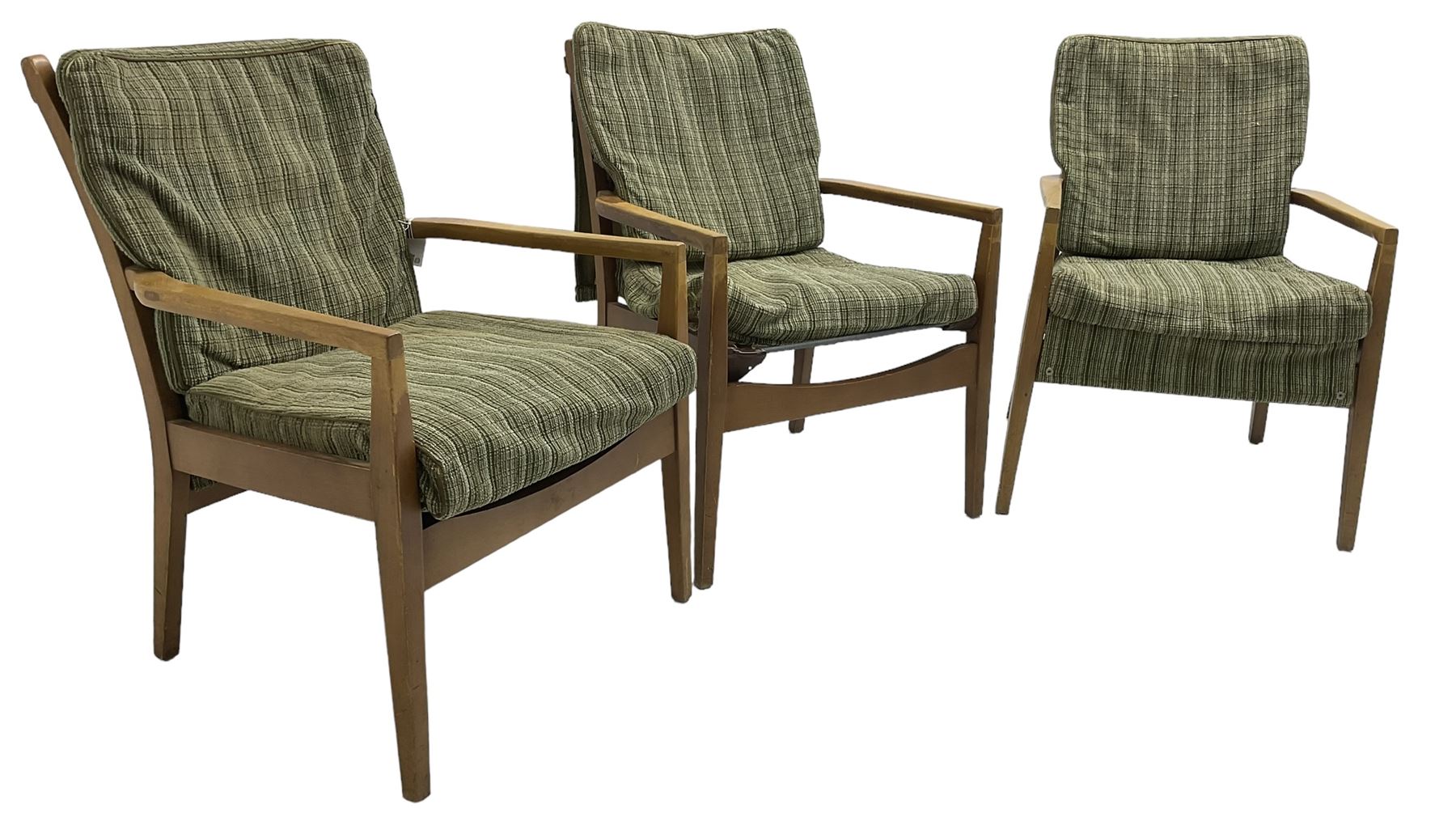 Cintique - set of three beech framed open easy chairs 