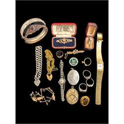 9ct gold, silver and costume jewellery, including Victorian 9ct gold brooch, 9ct gold and ...