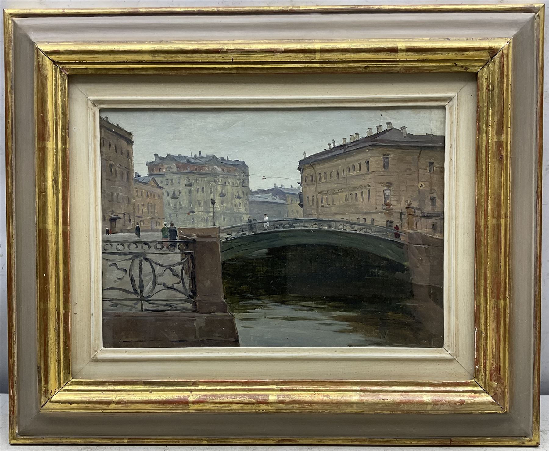 Michael (Mikhail) Nicolayevich Sokolov (Russian 1931-): 'Bridge on the River Fontanka - Leningrad', oil on board unsigned, titled and dated 1976 on exhibition label verso 23cm x 33cm
Provenance: with Roy Miles Gallery, 29 Bruton Street, London; the artist's Studio, Moscow Stock No. 2099