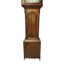 Dixon of Hexham - 19th century oak and mahogany 30-hour longcase clock, with a flat top and break arch hood door beneath, trunk with canted corners and a pointed top door, on a rectangular plinth with a shaped base, painted  dial with floral spandrels and a Father Time automaton to the arch, with Roman numerals, seconds and date dials and brass hands, dial pinned via a false plate to a chain driven countwheel striking movement, striking the hours on a bell. With pendulum and weight.