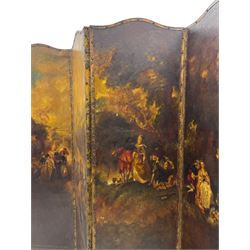 19th century four panel folding room screen, each leather panel painted with scenes from 'The Embarkation for Cythera' after Jean-Antoine Watteau (French 1684-1721), depicting a fête galante celebration with amorous couples and Cupids, with them a gilt statue of Venus, set within a classical capriccio landscape on the Greek island of Cythera, inscribed and titled verso with a verse from 'Ode on a Grecian Urn' by John Keats