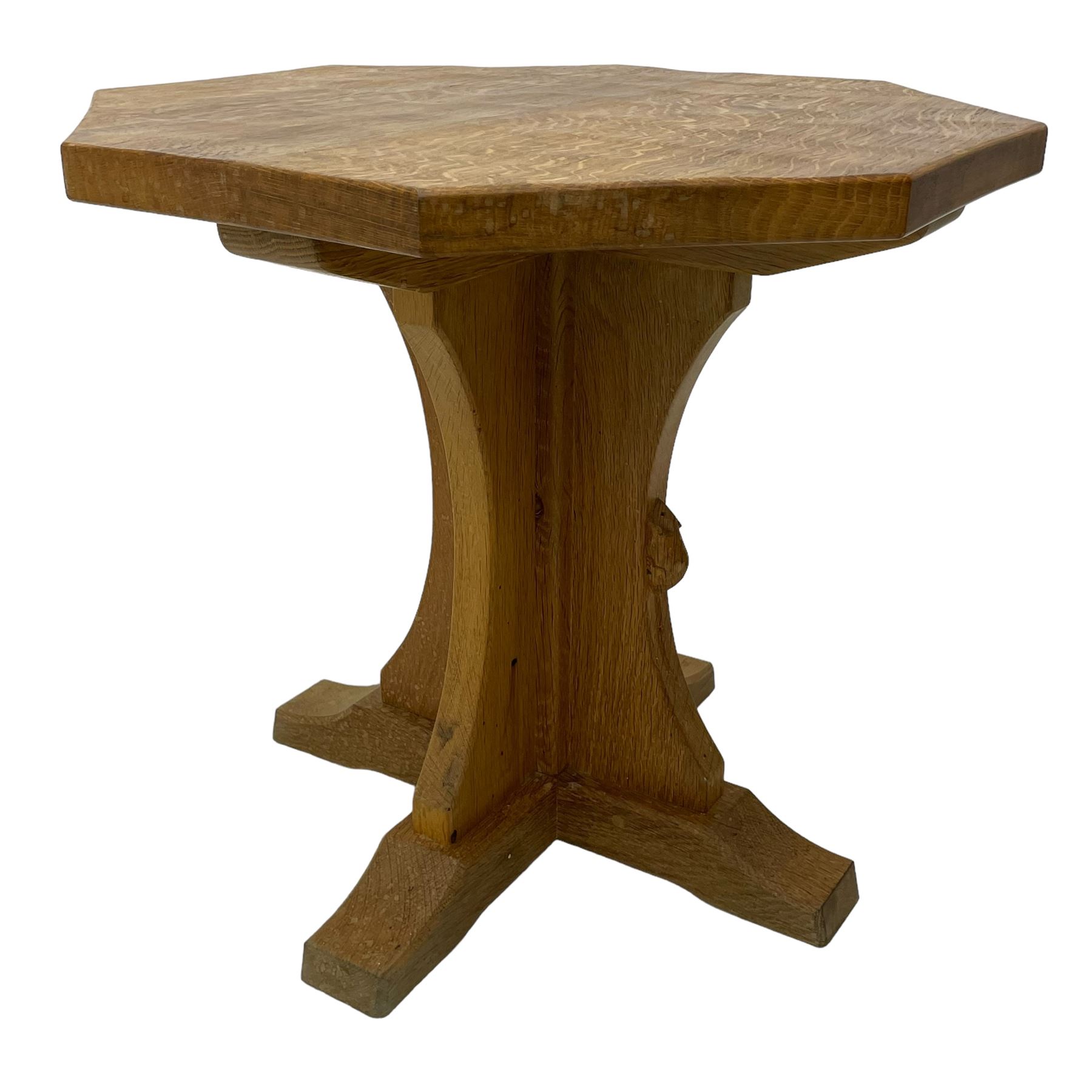 Mouseman - oak occasional table, octagonal adzed top, cruciform pedestal on sledge feet, carved with mouse signature, by the workshop of Robert Thompson, Kilburn 