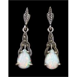 Pair of silver opal and marcasite pendant stud earrings, stamped 925