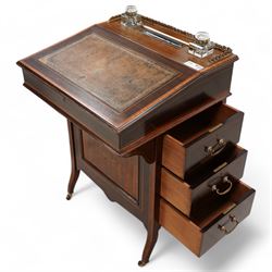 Edwardian inlaid mahogany Davenport desk, gilt metal gallery top with pen and ink stands o...