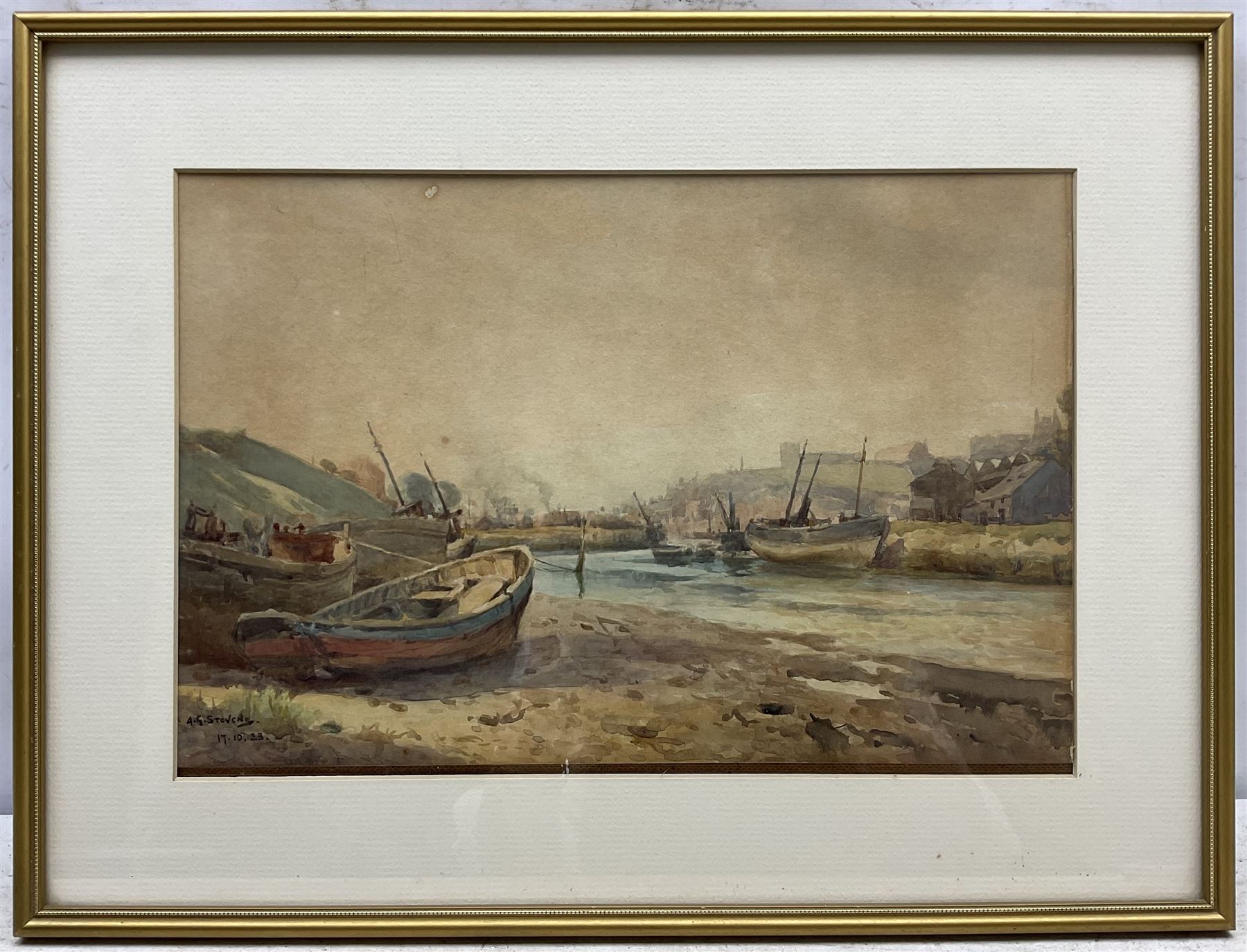 Albert George Stevens (Staithes Group 1863-1925): River Esk looking Downstream to Whitby, watercolour signed and dated 17.10.23, 34cm x 23cm