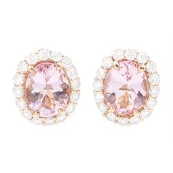 Pair of 18ct rose gold oval cut morganite and round brilliant cut diamond cluster stud ear...