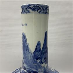 Late 18th/early 19th century Chinese blue and white bottle vase, decorated with a landscape scene containing dwellings, prunus and pine trees, boats and bridges, and populated with figures, with character mark beneath, H35cm