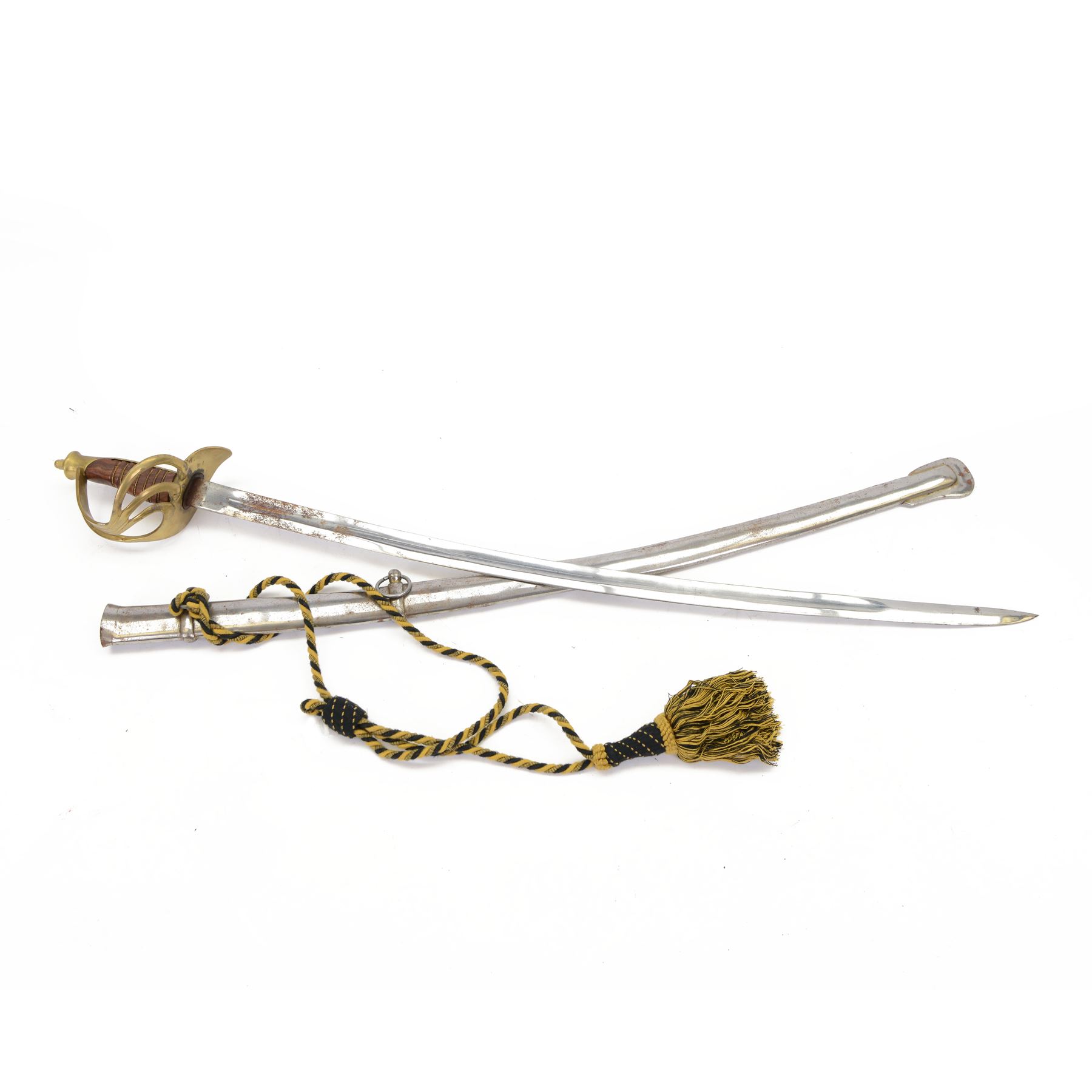 Replica cavalry officer's dress sword, pierced brass hilt and wire grip, in steel scabbard, L108cm