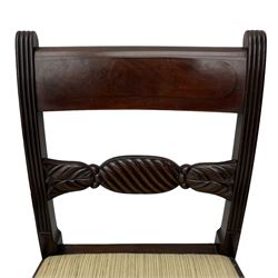 Georgian design set of six (6+2) mahogany dining chairs, the bar cresting rail inlaid with figured mahogany panel, shaped twist lobe carved middle rail with extending stylised leaf decoration, upholstered drop-in seat, on turned front supports 