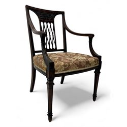 Late 19th century mahogany open armchair, lattice splat back, acanthus carved arm terminal...