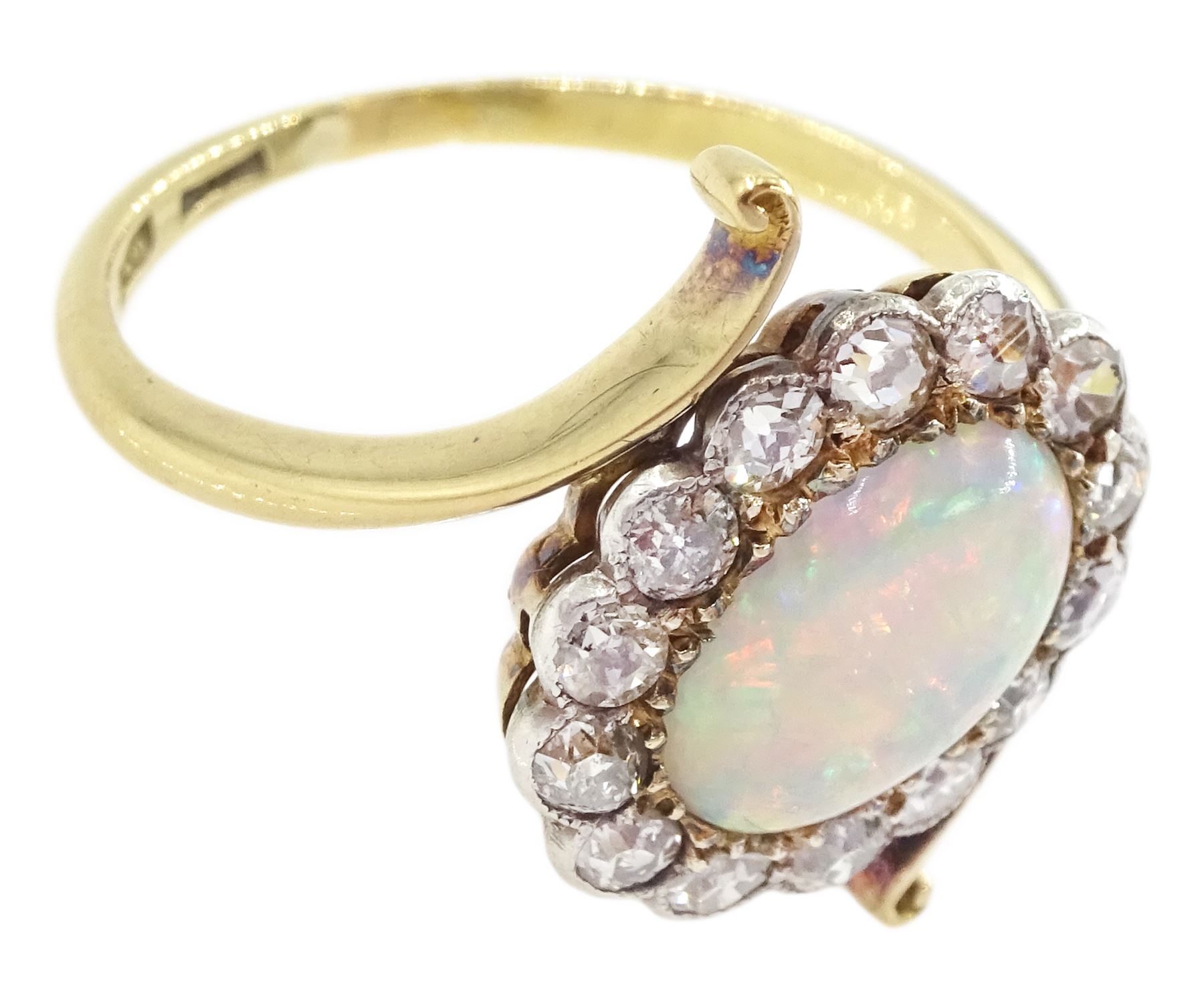 Early 20th century gold opal and milgrain set old cut diamond cluster ring, with twist scroll shoulders, stamped 18ct, total diamond weight approx 0.55 carat