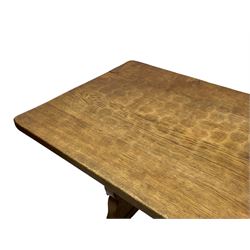 Gnomeman - oak dining table, rectangular adzed top, shaped end supports on sledge feet united by pegged stretcher, by Thomas Whittaker, Littlebeck, Whitby 