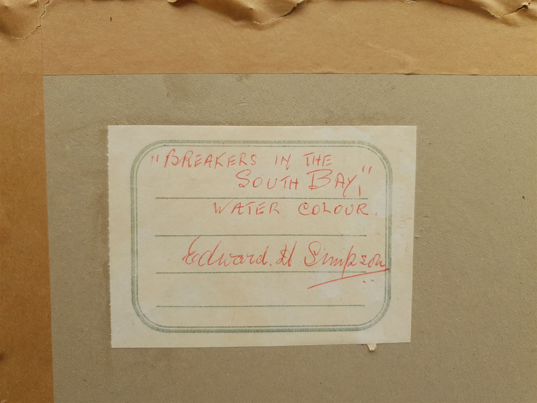 Edward H Simpson (British 1901-1989): 'Breakers in the South Bay' Scarborough, watercolour signed, titled on label verso