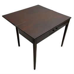 George III mahogany tea table, fold-over rectangular top over single cock-beaded frieze drawer, on square tapering moulded supports, double gate-leg action base