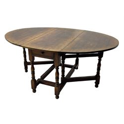 18th century oak dining table, oval drop-leaf top on gate-leg action base, turned supports united by turned stretchers, fitted with single end drawer