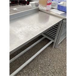 Aluminium framed preparation table with stainless top, barred under-tier, raised back - THIS LOT IS TO BE COLLECTED BY APPOINTMENT FROM DUGGLEBY STORAGE, GREAT HILL, EASTFIELD, SCARBOROUGH, YO11 3TX