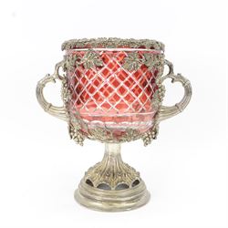 19th century silver plated and ruby glass wine cooler, of urn form, the cut ruby glass bow...