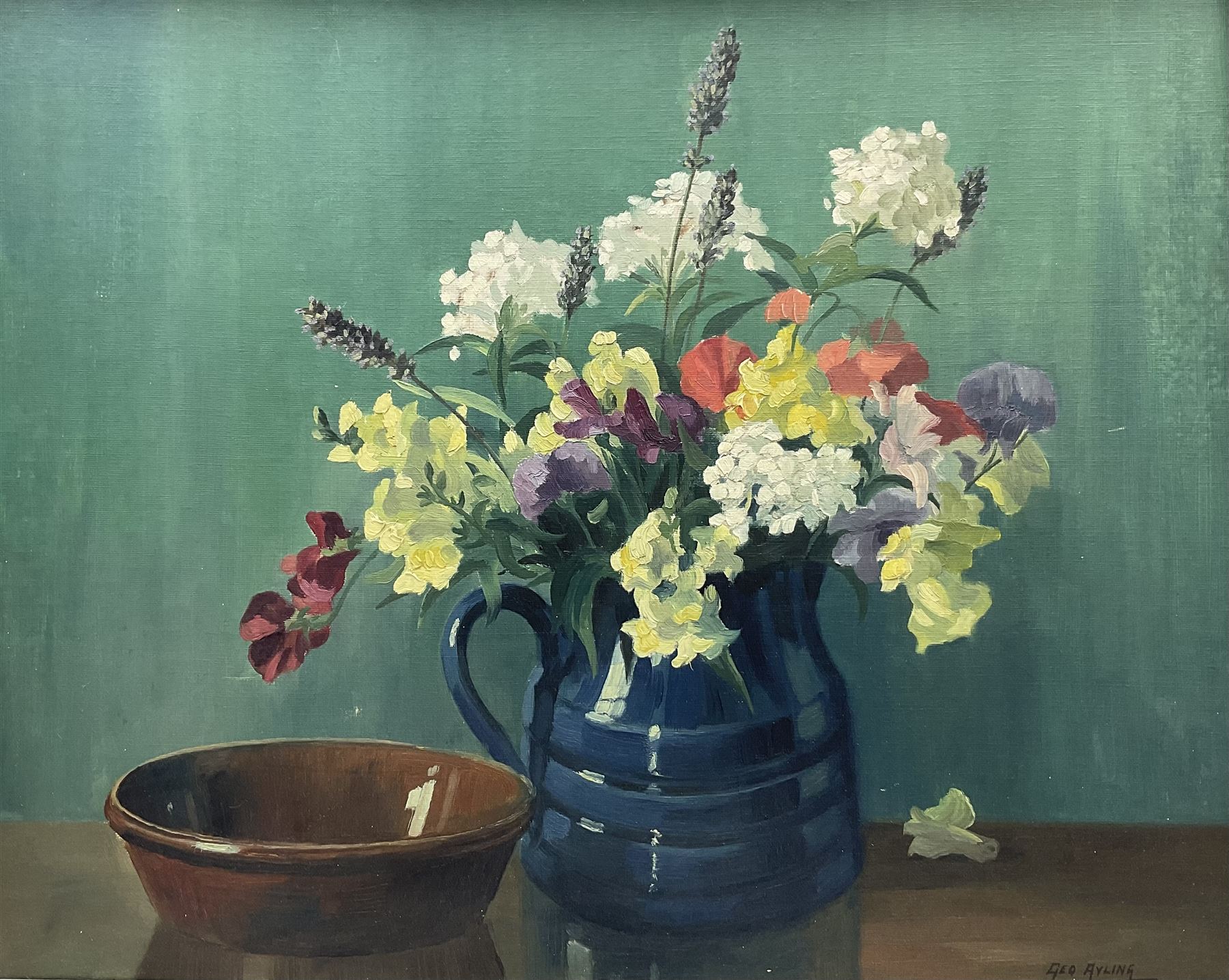 George Ayling (British 1887-1960): Still Life of Flowers in a Blue Jug, oil on board signed 50cm x 60cm 
Provenance: direct from the family of the artist 