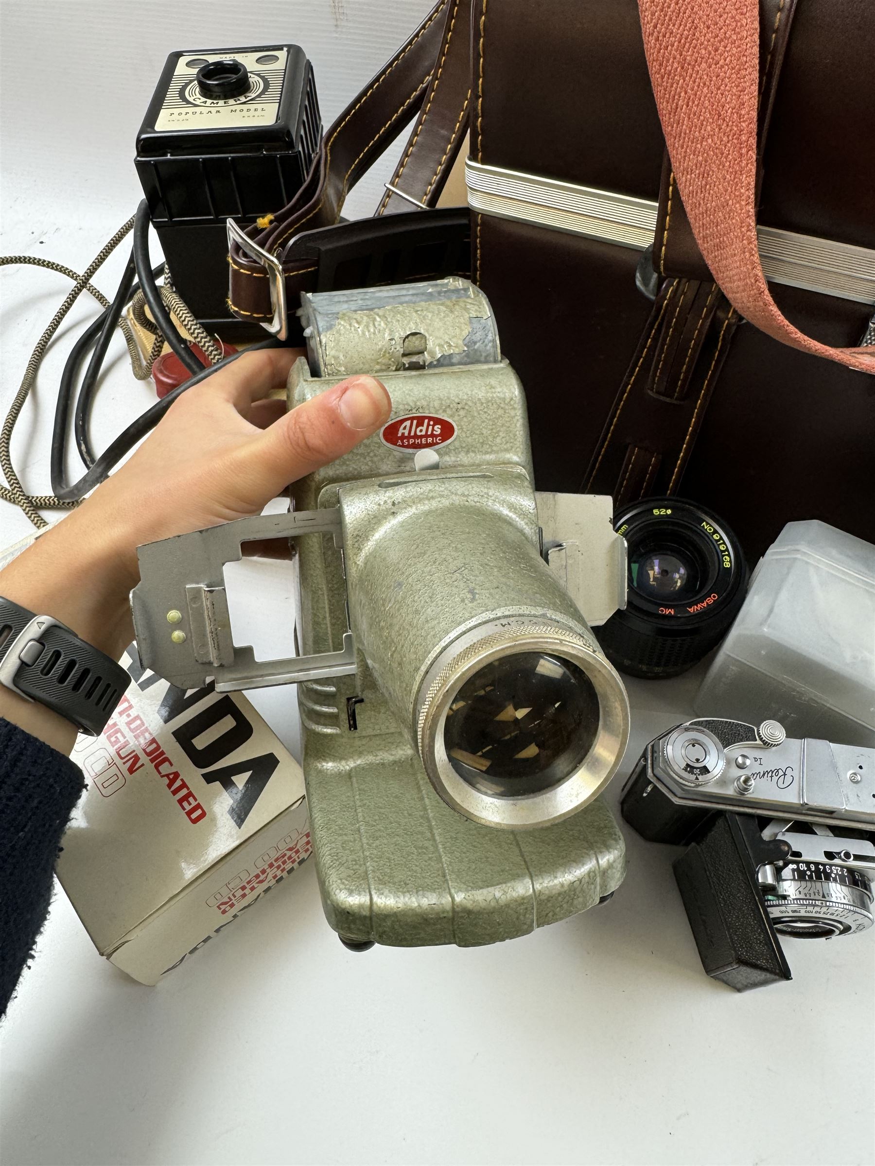 Collection of cameras and equipment, including Nikon Nikkormat camera body serial no W7543712, with 'Micro-Nikkor Auto 1:3.5 f=55mm' lens serial no 195272, Nikon F5 MF-28 Multi control Back, etc  