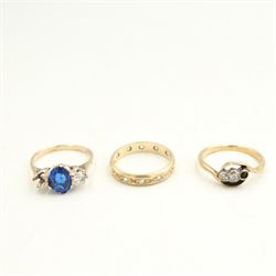 9ct gold three stone blue and white spinel ring (one stone deficient), a 9ct gold white spinel eternity ring (one stone deficient) and an 18ct gold diamond ring (one stone deficient), together with a 9ct gold oval locket pendant, a single cufflink (a/f) and a 9ct gold dress stud 