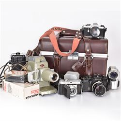 Collection of cameras and equipment, including Nikon Nikkormat camera body serial no W7543712, with 'Micro-Nikkor Auto 1:3.5 f=55mm' lens serial no 195272, Nikon F5 MF-28 Multi control Back, etc  