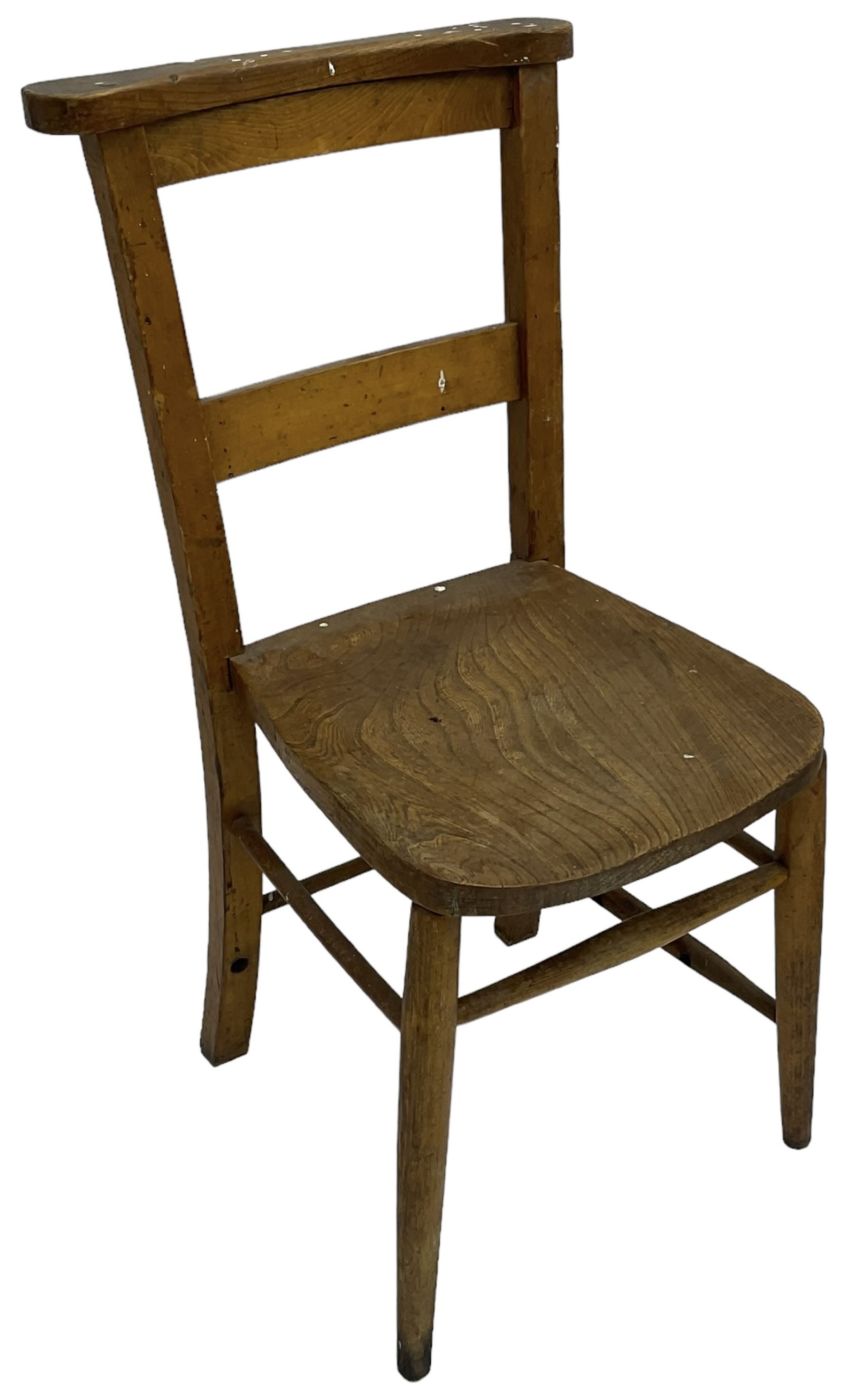 Collection of chairs - five 19th century elm spindle back chairs with rush seats; two chapel chairs (7)