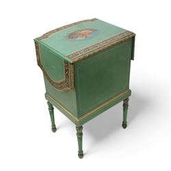 Edwardian Adam Revival green-painted and parcel gilt bedside lamp table, break bowfront drop-leaf top with foliate carved edge, the top painted with oval panel depicting three putto celebrating the harvest with wheat sheaves and fruit, within trailing floral band, fitted with single drawer and double cupboard, on turned supports decorated with acanthus leaves and draped festoons 