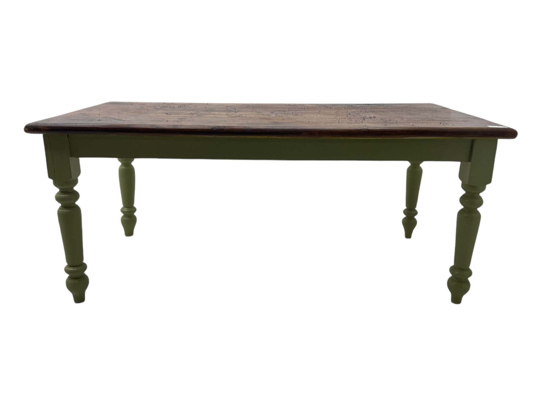 Hardwood dining table, rectangular top on laurel green painted base, fitted with turned supports 