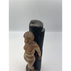 R Flint - 20th century carved wooden figural sculpture of a nude female, signed 