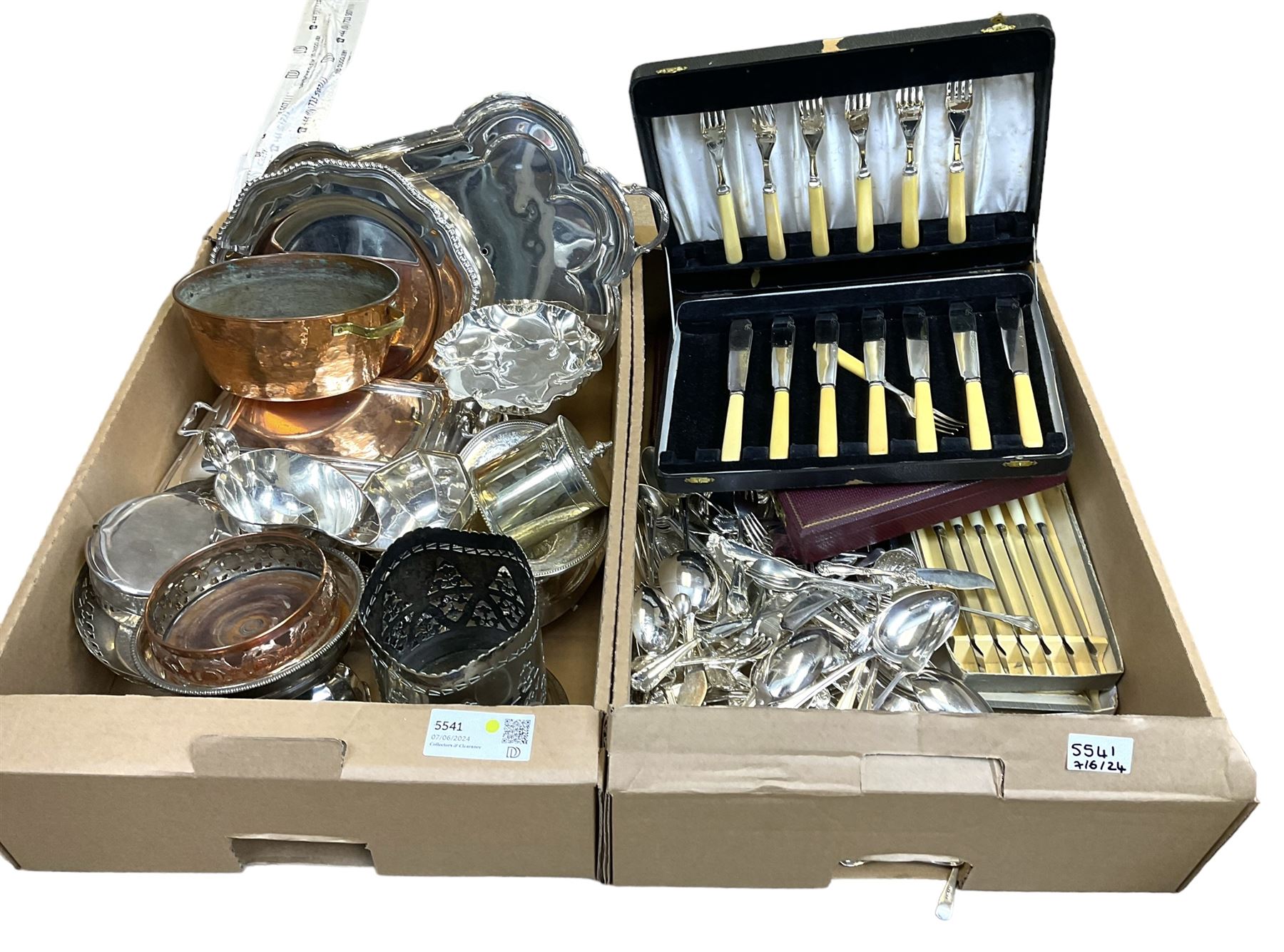 Metalware, mostly silver plate, to include entree dish and cover, bottle coasters, pedestal dishes, large quantity of cased and uncased flatware, small copper twin handled pan, etc., in two boxes