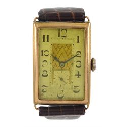 Art Deco 9ct gold gentleman's rectangular manual wind wristwatch, silvered dial with Arabic numerals, central gilt abstract panel and subsidiary seconds dial, case by Sylvain Dreyfus, Glasgow import mark 1928